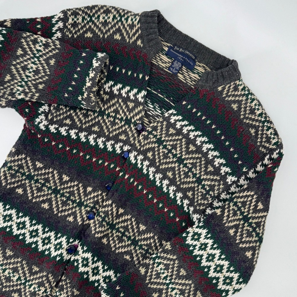Vintage Abercrombie & Fitch The Big Sweater Fair Isle Cardigan Grey Green Small